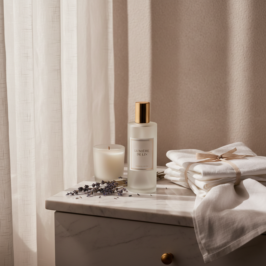 Elegant room spray bottle on marble nightstand with fresh linen, candle and dried lavender, soft morning light