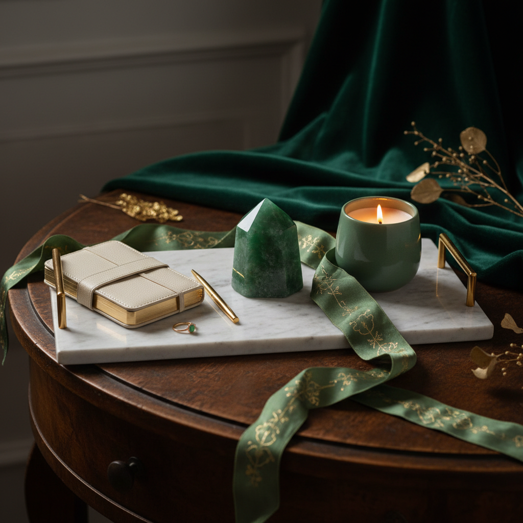 Elegant self-care ritual scene with crystal, journal, candle and silk ribbon on marble tray with jade green and gold accents