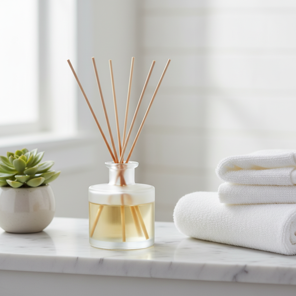 Elegant glass reed diffuser with natural rattan reeds on a white marble bathroom shelf beside a small plant and folded white towels