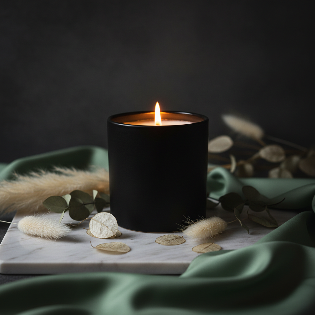 Luxury soy candle with warm golden glow, styled on marble with jade silk and dried botanicals