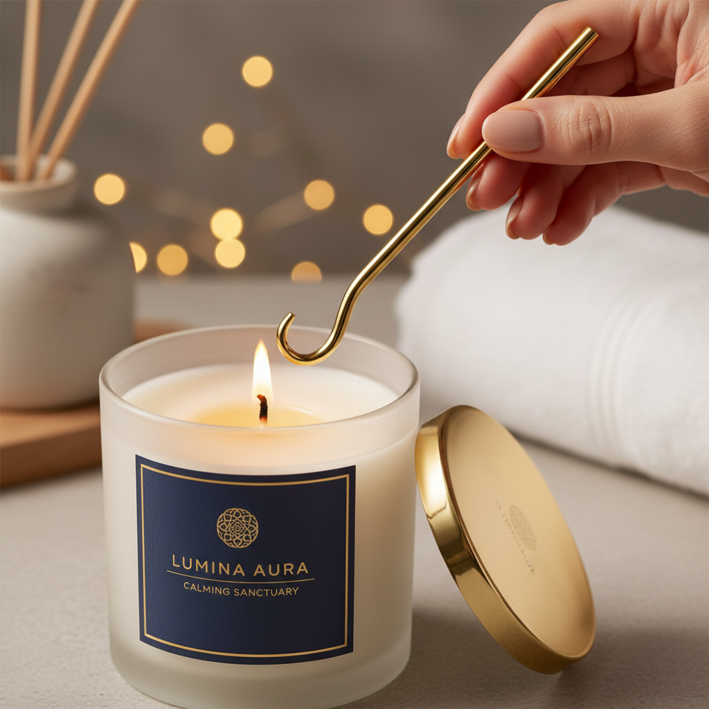 Woman's hand using a gold candle accessory tool over a luxury jar candle with warm candlelight glow