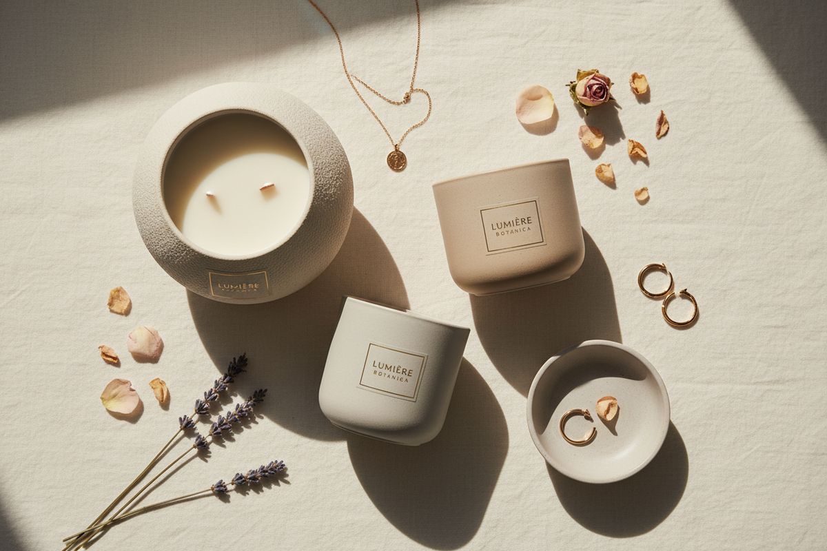 Flat lay of three luxury candles with dried botanicals, rose petals, and gold accents on cream linen