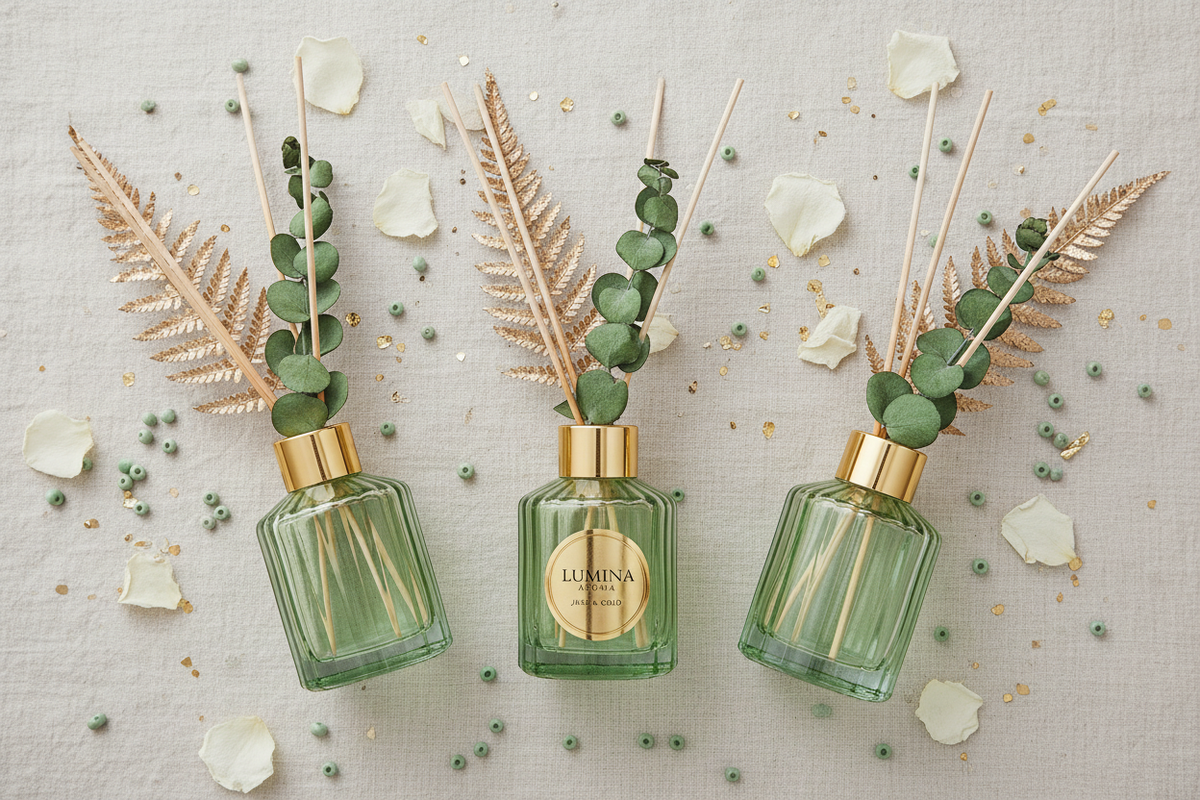 Flat lay of three glass reed diffusers with natural reeds, dried botanicals, and scattered petals on cream linen, top-down editorial photography