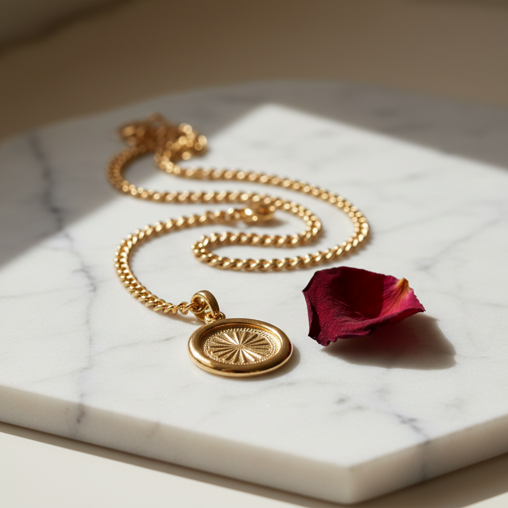 Luxury gold pendant necklace on white marble with rose petal, minimal editorial jewelry photography