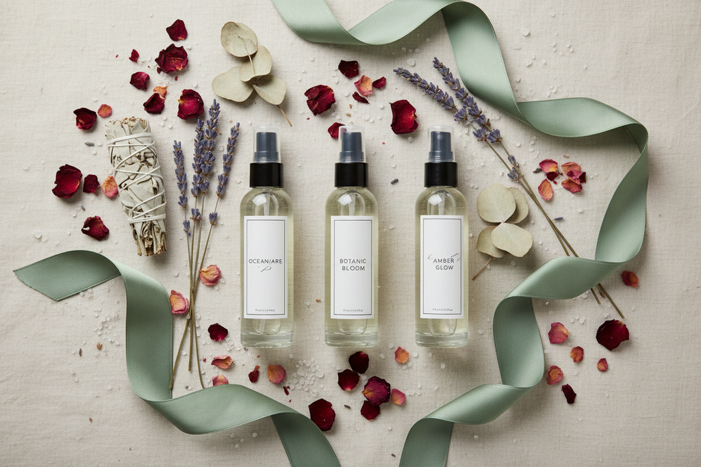 Flat lay of three elegant room spray bottles with dried botanicals, rose petals, sea salt crystals and jade green silk ribbon on cream linen