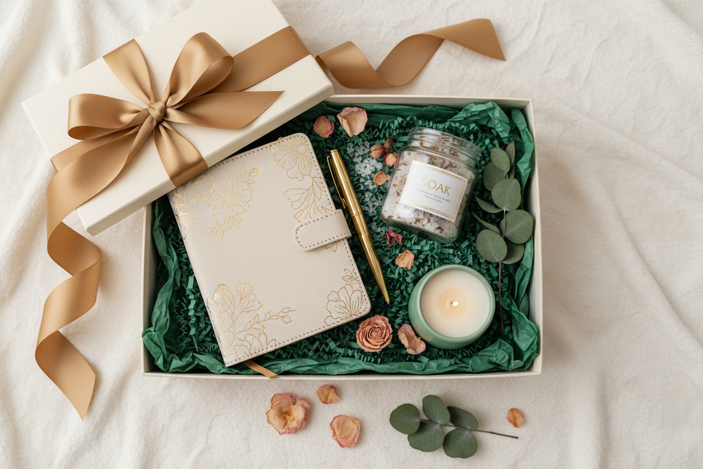 Luxury self-care gift set flat lay with bath salts, candle, journal and rose petals in a gift box with gold ribbon