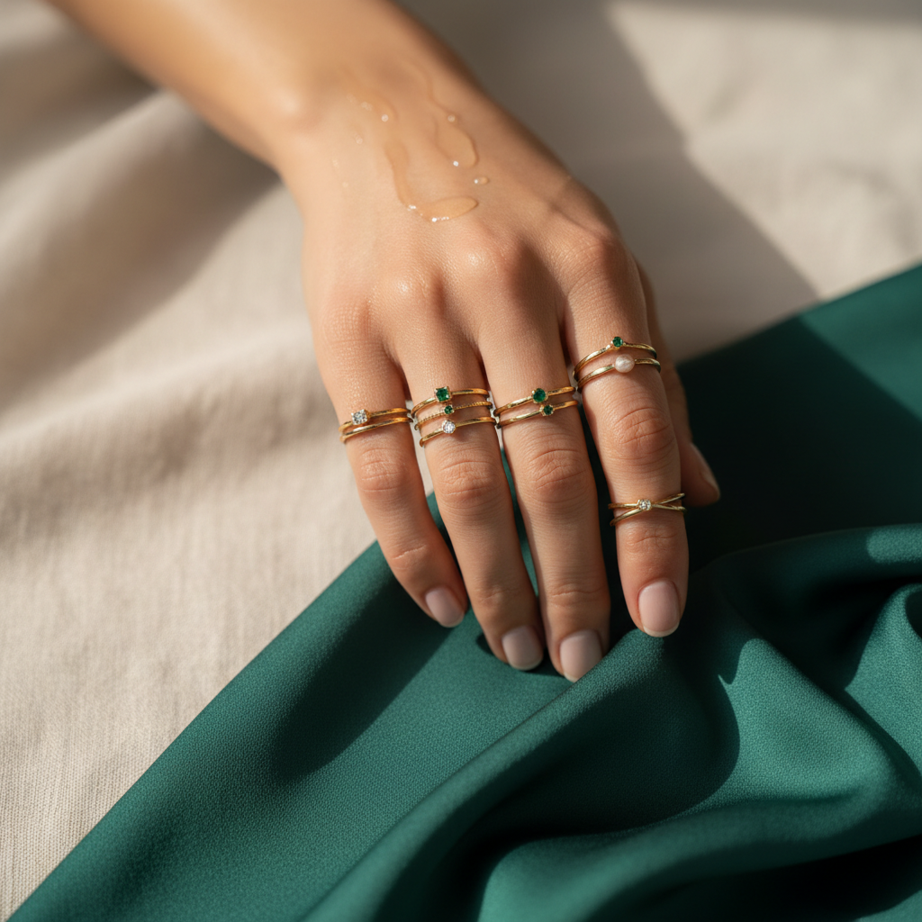 Delicate gold rings stacked on a woman's hand with soft natural light and cream linen background