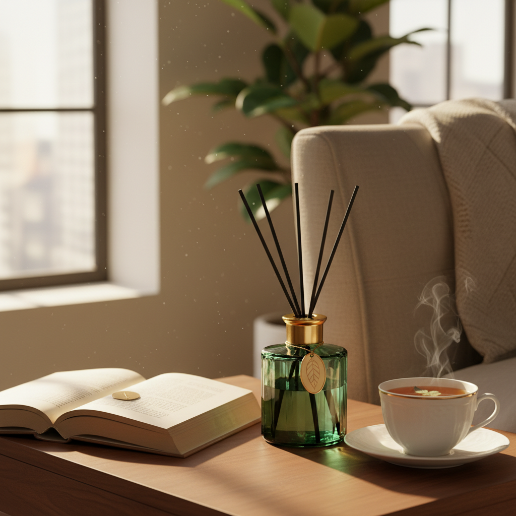 Luxury reed diffuser on a wooden bedside table beside an open book and a cup of tea, warm afternoon light, jade green and gold accents